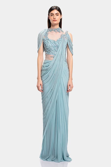 Buy Gaurav Gupta Blue Georgette Embellished Saree Gown Online | Aza Fashions