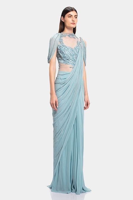 Gaurav Gupta_Blue Silk Georgette Embellished Draped Saree Gown_Online_at_Aza_Fashions