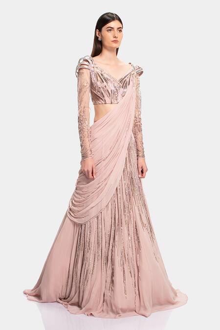 Gaurav Gupta_Pink Silk Georgette Draped Blouse And Lehenga Set_Online_at_Aza_Fashions