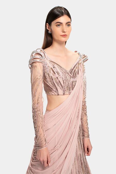 Shop_Gaurav Gupta_Pink Silk Georgette Draped Blouse And Lehenga Set_Online_at_Aza_Fashions