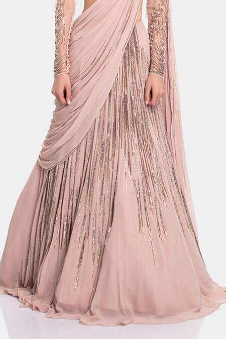 Gaurav Gupta_Pink Silk Georgette Draped Blouse And Lehenga Set_at_Aza_Fashions
