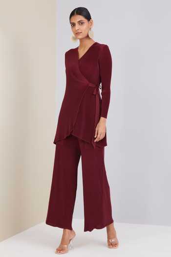 Scarlet Sage_Maroon Polyester Cameron Wrap Co-ord Set_Online_at_Aza_Fashions