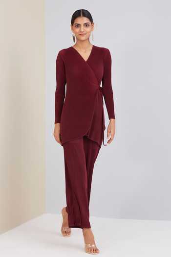 Buy_Scarlet Sage_Maroon Polyester Cameron Wrap Co-ord Set_Online_at_Aza_Fashions