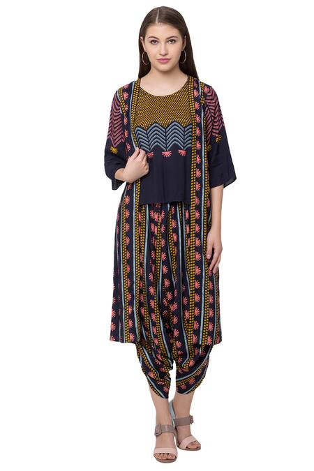 So Us By Sougatpaul_Blue Muslin Slub Boat Printed Jacket And Dhoti Pant Set  _Online_at_Aza_Fashions