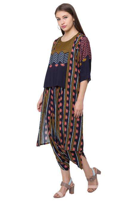 Buy_So Us By Sougatpaul_Blue Muslin Slub Boat Printed Jacket And Dhoti Pant Set  _Online_at_Aza_Fashions