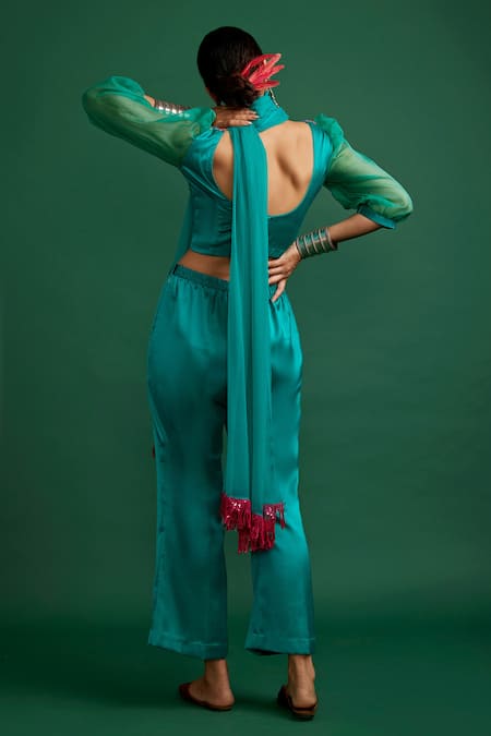 Shop Apeksha Jain Label Blue Dupatta Chiffon, Organza Sleeves, Silk Satin Pant And Printed Crop Top Set at Aza Fashions Shop_Apeksha Jain Label_Blue Dupatta Chiffon, Organza Sleeves, Silk Satin Pant And Printed Crop Top Set_at_Aza_Fashions