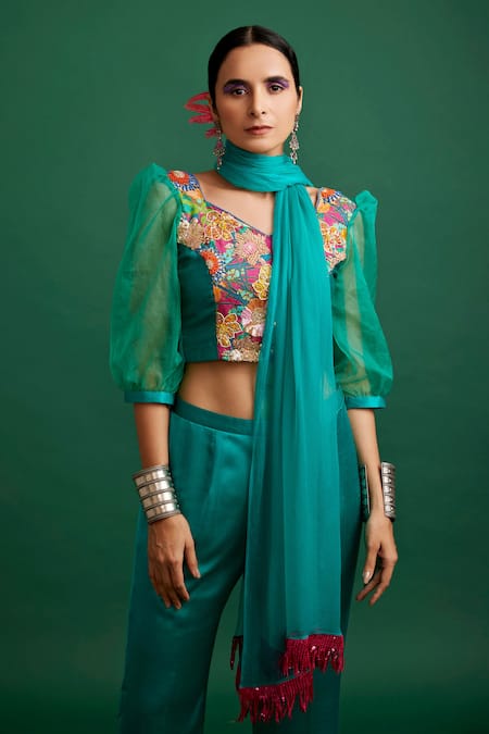 Apeksha Jain Label Blue Dupatta Chiffon, Organza Sleeves, Silk Satin Pant And Printed Crop Top Set Online at Aza Fashions Apeksha Jain Label_Blue Dupatta Chiffon, Organza Sleeves, Silk Satin Pant And Printed Crop Top Set_Online_at_Aza_Fashions