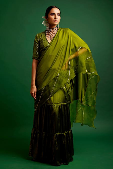 Apeksha Jain Label Green Silk Satin V Neck Pre-draped Ruffle Saree With Blouse