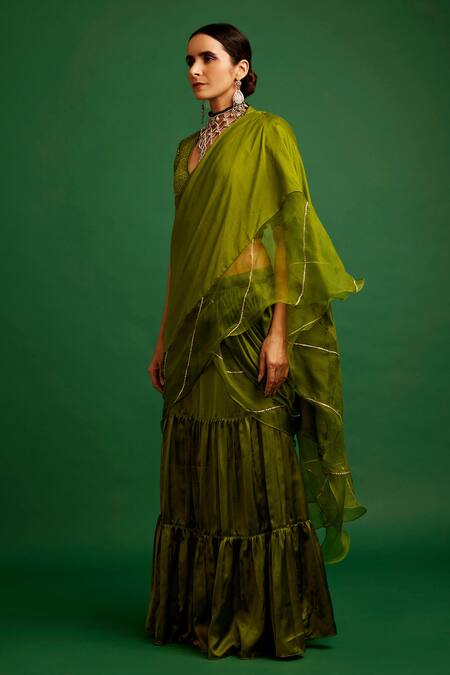 Apeksha Jain Label_Green Silk Satin V Neck Pre-draped Ruffle Saree With Blouse_Online_at_Aza_Fashions