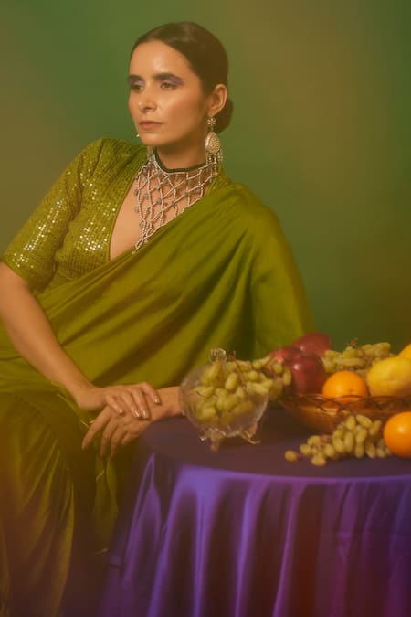 Buy_Apeksha Jain Label_Green Silk Satin V Neck Pre-draped Ruffle Saree With Blouse_Online_at_Aza_Fashions