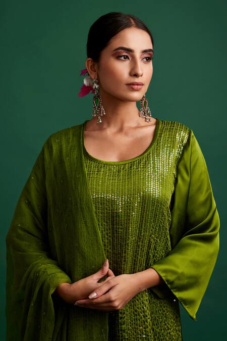 Apeksha Jain Label Green Kurta Silk Satin Embroidered Sequin Round Work Pant Set Online at Aza Fashions Apeksha Jain Label_Green Kurta Silk Satin Embroidered Sequin Round Work Pant Set _Online_at_Aza_Fashions