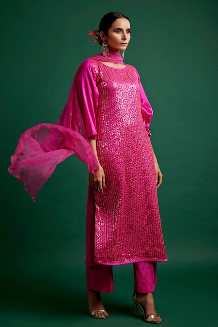 Apeksha Jain Label Pink Kurta Silk Satin Embroidered Sequin Round Work Pant Set