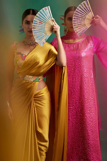 Shop Apeksha Jain Label Pink Dupatta Chiffon And Pant Crepe, Kurta Silk Satin Sequin Round Work Set at Aza Fashions Shop_Apeksha Jain Label_Pink Dupatta Chiffon And Pant Crepe, Kurta Silk Satin Sequin Round Work Set_at_Aza_Fashions