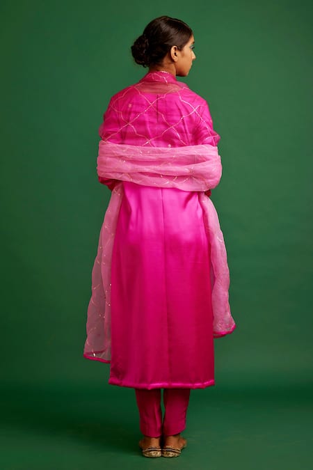 Shop Apeksha Jain Label Pink Kurta Silk Satin Embroidered Sequin Round Set With Jaal Work Dupatta at Aza Fashions Shop_Apeksha Jain Label_Pink Kurta Silk Satin Embroidered Sequin Round Set With Jaal Work Dupatta _at_Aza_Fashions