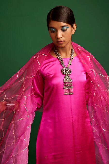 Apeksha Jain Label Pink Kurta Silk Satin Embroidered Sequin Round Set With Jaal Work Dupatta Online at Aza Fashions Apeksha Jain Label_Pink Kurta Silk Satin Embroidered Sequin Round Set With Jaal Work Dupatta _Online_at_Aza_Fashions