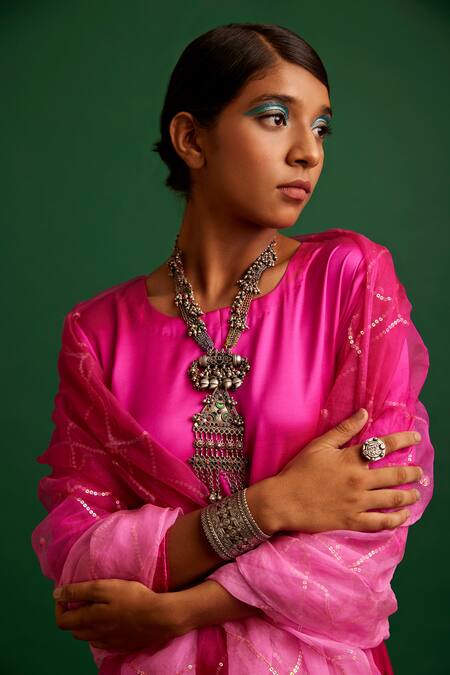 Buy Apeksha Jain Label Pink Kurta Silk Satin Embroidered Sequin Round Set With Jaal Work Dupatta Online at Aza Fashions Buy_Apeksha Jain Label_Pink Kurta Silk Satin Embroidered Sequin Round Set With Jaal Work Dupatta _Online_at_Aza_Fashions