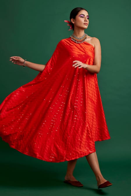 Shop_Apeksha Jain Label_Orange Silk Satin Sequin Asymmetric Stripe One Shoulder Dress _at_Aza_Fashions