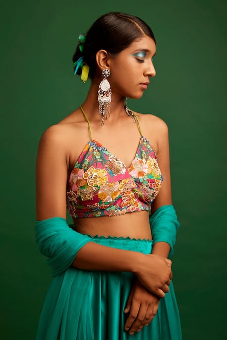 Shop Apeksha Jain Label Blue Dupatta Chiffon, Skirt Silk Satin Floral V Neck Set at Aza Fashions Shop_Apeksha Jain Label_Blue Dupatta Chiffon, Skirt Silk Satin Floral V Neck Set _at_Aza_Fashions