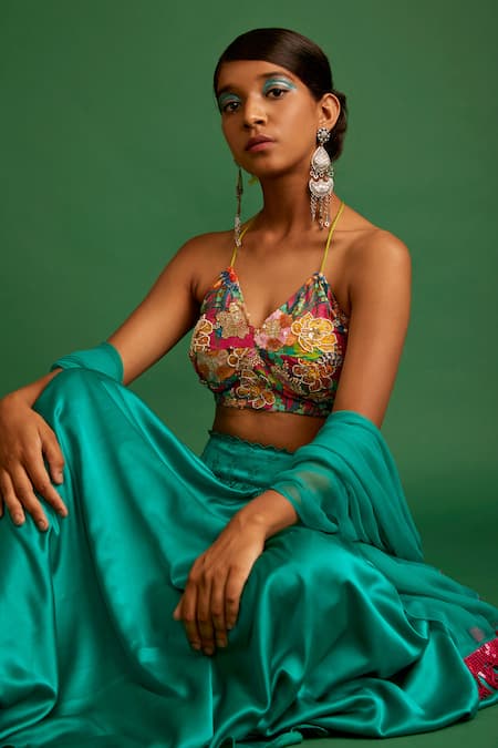 Apeksha Jain Label Blue Dupatta Chiffon, Skirt Silk Satin Floral V Neck Set Online at Aza Fashions Apeksha Jain Label_Blue Dupatta Chiffon, Skirt Silk Satin Floral V Neck Set _Online_at_Aza_Fashions