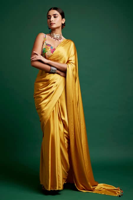 Shop Apeksha Jain Label Yellow Silk Satin Floral Sweetheart Neck Pre-draped Saree With Blouse at Aza Fashions Shop_Apeksha Jain Label_Yellow Silk Satin Floral Sweetheart Neck Pre-draped Saree With Blouse_at_Aza_Fashions