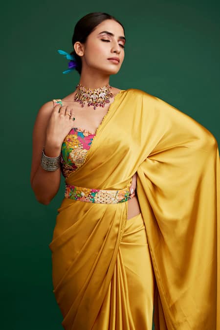 Apeksha Jain Label Yellow Silk Satin Floral Sweetheart Neck Pre-draped Saree With Blouse Online at Aza Fashions Apeksha Jain Label_Yellow Silk Satin Floral Sweetheart Neck Pre-draped Saree With Blouse_Online_at_Aza_Fashions