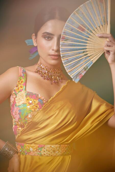 Buy Apeksha Jain Label Yellow Silk Satin Floral Sweetheart Neck Pre-draped Saree With Blouse Online at Aza Fashions Buy_Apeksha Jain Label_Yellow Silk Satin Floral Sweetheart Neck Pre-draped Saree With Blouse_Online_at_Aza_Fashions