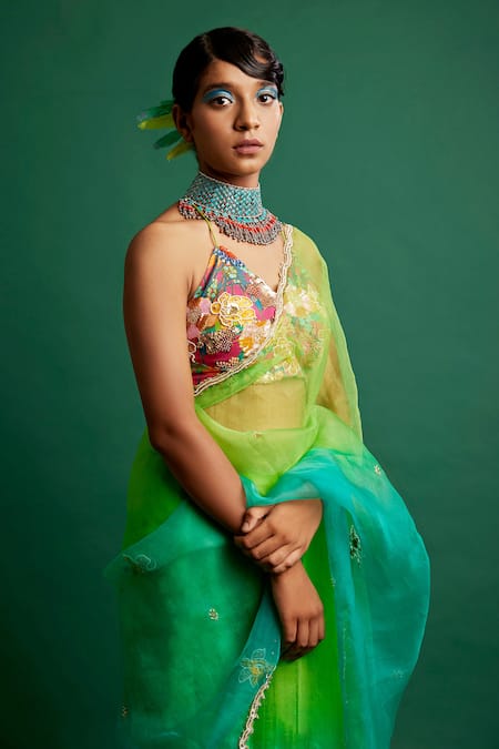 Shop Apeksha Jain Label Blue Organza Pearl V Neck Ombre Saree With Blouse at Aza Fashions Shop_Apeksha Jain Label_Blue Organza Pearl V Neck Ombre Saree With Blouse_at_Aza_Fashions