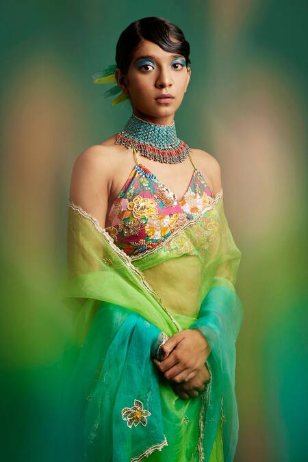 Apeksha Jain Label Blue Organza Pearl V Neck Ombre Saree With Blouse Online at Aza Fashions Apeksha Jain Label_Blue Organza Pearl V Neck Ombre Saree With Blouse_Online_at_Aza_Fashions