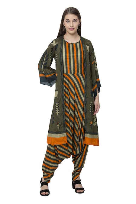 So Us By Sougatpaul Green Muslin Slub Round Printed Jumpsuit With Jacket 