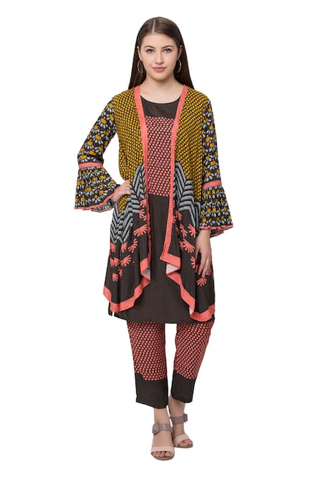 So Us By Sougatpaul Black Muslin Slub Round Printed Jacket And Pant Set  