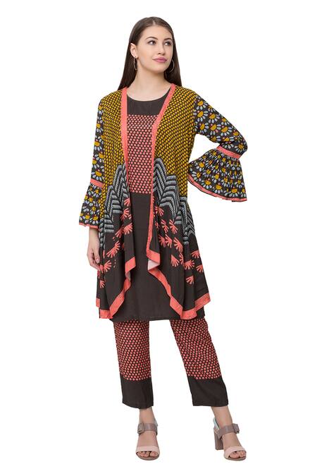 So Us By Sougatpaul Black Muslin Slub Round Printed Jacket And Pant Set Online at Aza Fashions So Us By Sougatpaul_Black Muslin Slub Round Printed Jacket And Pant Set _Online_at_Aza_Fashions