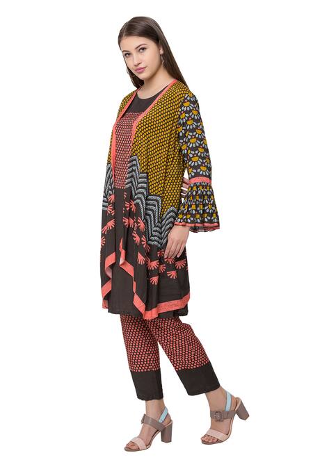 Buy So Us By Sougatpaul Black Muslin Slub Round Printed Jacket And Pant Set Online at Aza Fashions Buy_So Us By Sougatpaul_Black Muslin Slub Round Printed Jacket And Pant Set _Online_at_Aza_Fashions