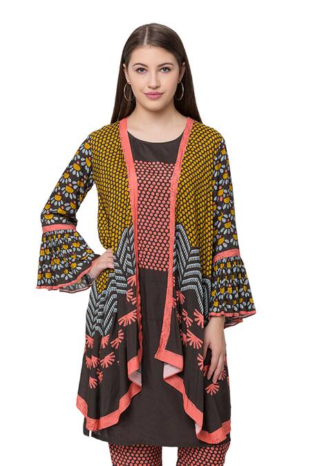 Shop So Us By Sougatpaul Black Muslin Slub Round Printed Jacket And Pant Set Online at Aza Fashions Shop_So Us By Sougatpaul_Black Muslin Slub Round Printed Jacket And Pant Set _Online_at_Aza_Fashions