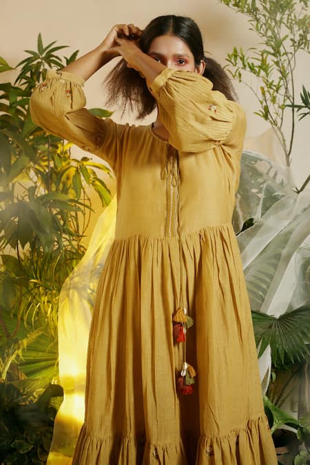 Shop Chokhi Chorri Yellow Malai Chanderi Midi Dress at Aza Fashions Shop_Chokhi Chorri_Yellow Malai Chanderi Midi Dress _at_Aza_Fashions