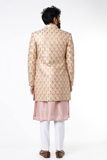 Shop_Nero by Shaifali and Satya_Cream Silk Embroidered Thread Work Jacket And Kurta Set _at_Aza_Fashions