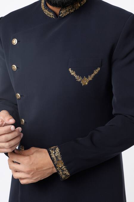 Nero by Shaifali and Satya_Blue Bomario Embroidered Floral Motifs Asymmetric Sherwani Pant Set _Online_at_Aza_Fashions