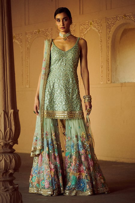 Shop_Seema Gujral_Green Net V Neck Embroidered Kurta Set _Online_at_Aza_Fashions