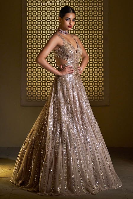 Seema Gujral_Gold Embroidery V Neck Sequin Embellished Gown  _Online_at_Aza_Fashions