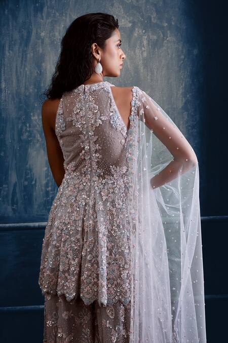 Shop_Seema Gujral_Grey Net Sequins, Crystals, Beads Plunge V Floral Embellished Kurta Sharara Set_at_Aza_Fashions