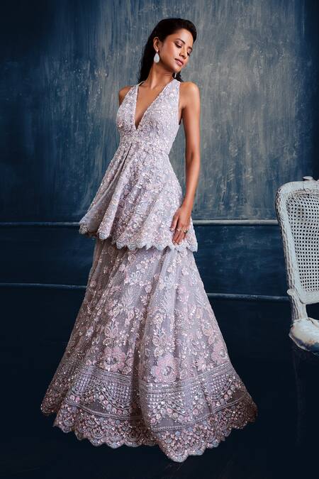 Seema Gujral_Grey Net Sequins, Crystals, Beads Plunge V Floral Embellished Kurta Sharara Set_Online_at_Aza_Fashions