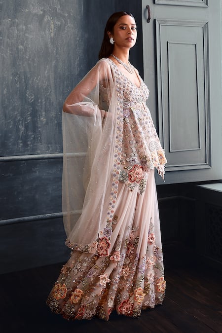 Seema Gujral Beige Net 3d Floral Motifs Plunge V Neck Embroidered Kurta Sharara Set Online at Aza Fashions Seema Gujral_Beige Net 3d Floral Motifs Plunge V Neck Embroidered Kurta Sharara Set _Online_at_Aza_Fashions