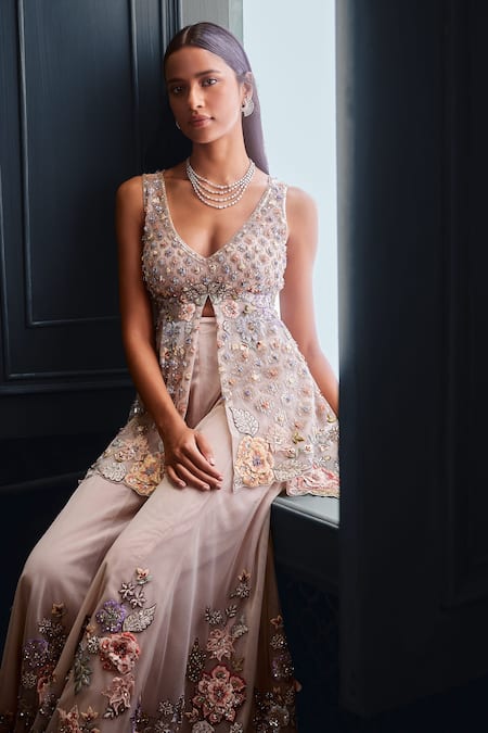 Shop Seema Gujral Beige Net 3d Floral Motifs Plunge V Neck Embroidered Kurta Sharara Set Online at Aza Fashions Shop_Seema Gujral_Beige Net 3d Floral Motifs Plunge V Neck Embroidered Kurta Sharara Set _Online_at_Aza_Fashions