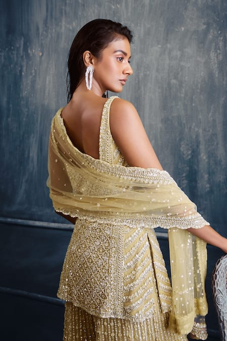 Shop_Seema Gujral_Green Net Crystal, Pearl Sweetheart Neck Embroidered Kurta Gharara Set _at_Aza_Fashions