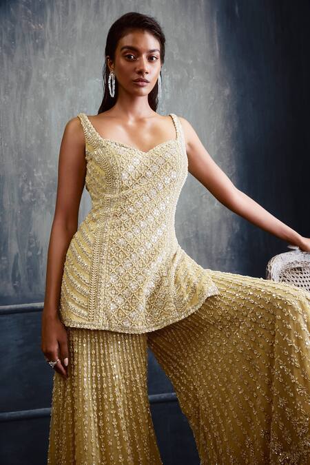 Seema Gujral_Green Net Crystal, Pearl Sweetheart Neck Embroidered Kurta Gharara Set _Online_at_Aza_Fashions