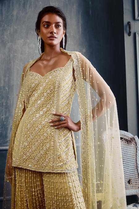 Buy_Seema Gujral_Green Net Crystal, Pearl Sweetheart Neck Embroidered Kurta Gharara Set _Online_at_Aza_Fashions