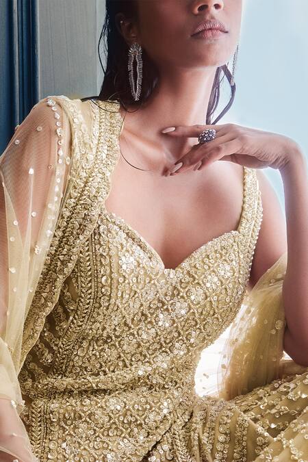 Seema Gujral_Green Net Crystal, Pearl Sweetheart Neck Embroidered Kurta Gharara Set _at_Aza_Fashions
