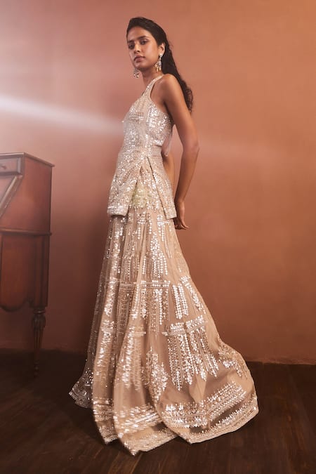 Seema Gujral Beige Net Sequin Work V Neck Embroidered Kurta Sharara Set Online at Aza Fashions Seema Gujral_Beige Net Sequin Work V Neck Embroidered Kurta Sharara Set _Online_at_Aza_Fashions