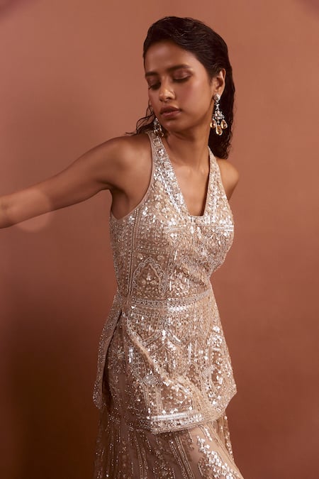 Buy Seema Gujral Beige Net Sequin Work V Neck Embroidered Kurta Sharara Set Online at Aza Fashions Buy_Seema Gujral_Beige Net Sequin Work V Neck Embroidered Kurta Sharara Set _Online_at_Aza_Fashions