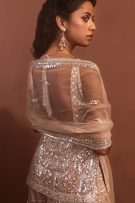 Shop Seema Gujral Beige Net Sequin Work V Neck Embroidered Kurta Sharara Set Online at Aza Fashions Shop_Seema Gujral_Beige Net Sequin Work V Neck Embroidered Kurta Sharara Set _Online_at_Aza_Fashions