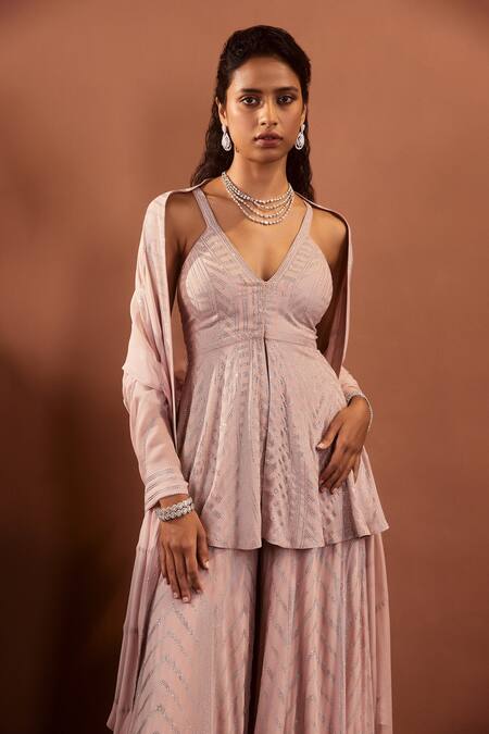 Shop Seema Gujral Pink Georgette Crystals In Chevron Pattern Plunge Embellished Peplum Sharara Set at Aza Fashions Shop_Seema Gujral_Pink Georgette Crystals In Chevron Pattern Plunge Embellished Peplum Sharara Set_at_Aza_Fashions
